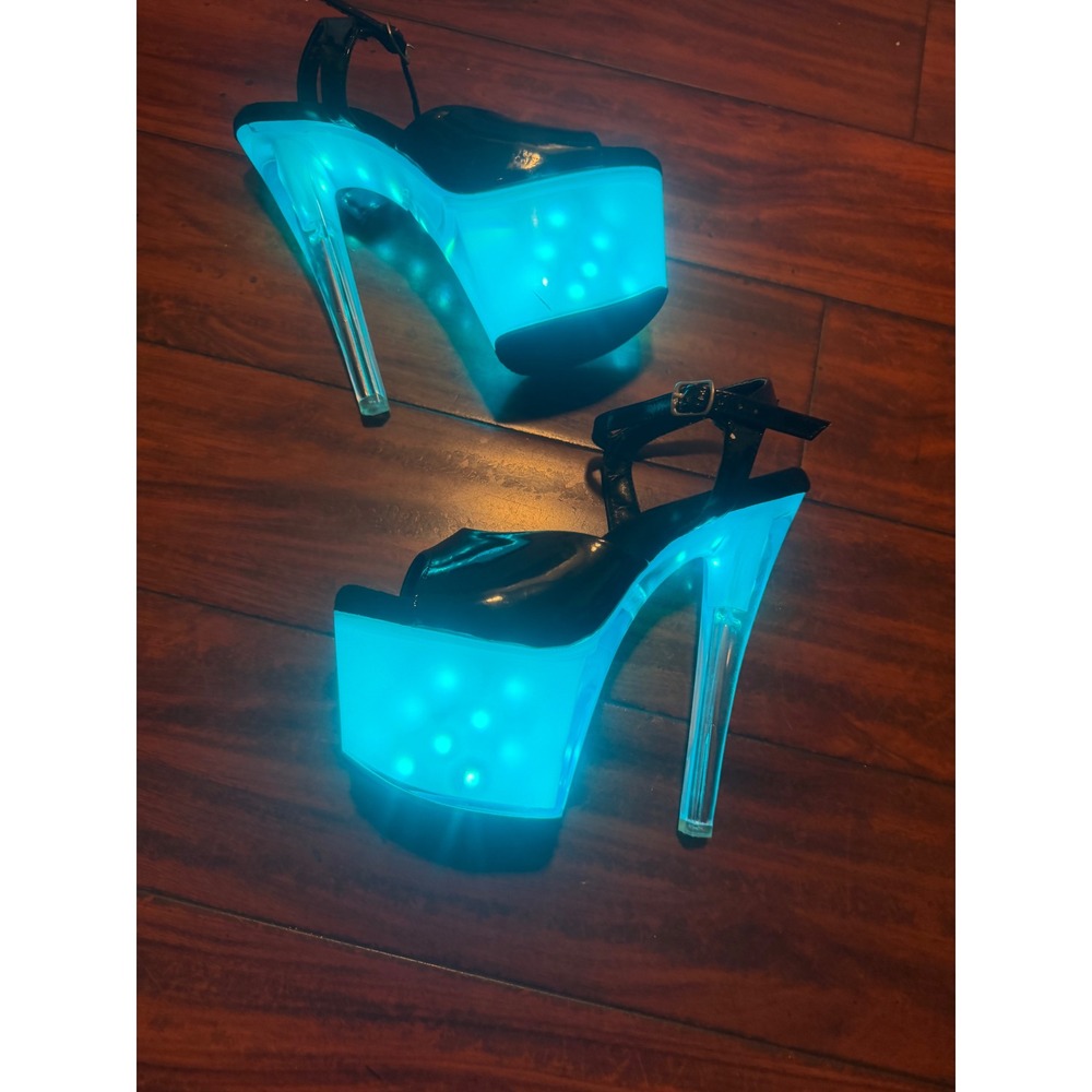 Pleaser 709 Black Patent Light Up Platform Sandals Clear Heel